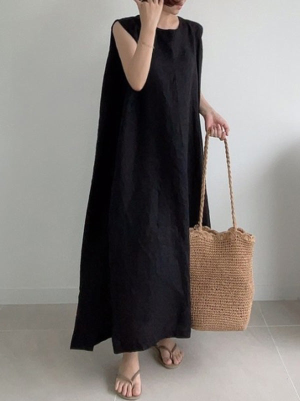 Robe mi-longue décontractée simple fendue sur le côté à col rond, sans manches, couleur unie
