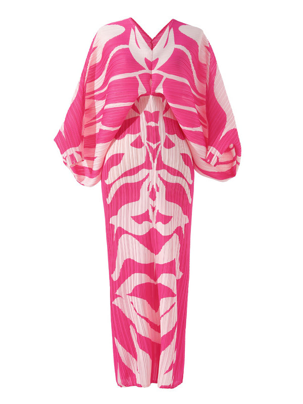 Robe mi-longue imprimée plissée à manches chauve-souris, à manches longues, à col en V, couleur contrastée