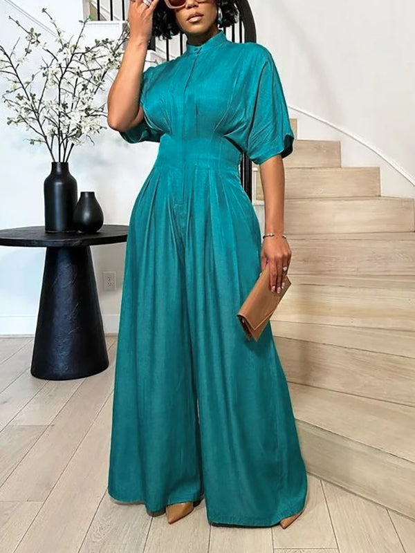 Combinaison plissée à manches mi-longues, taille haute, à col cheminée, couleur unie