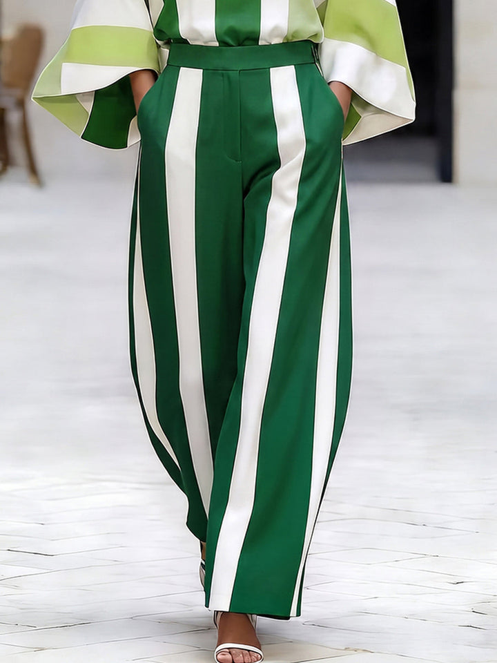 Pantalon rayé ample à poches, à taille élastique, à jambes larges, couleur contrastée