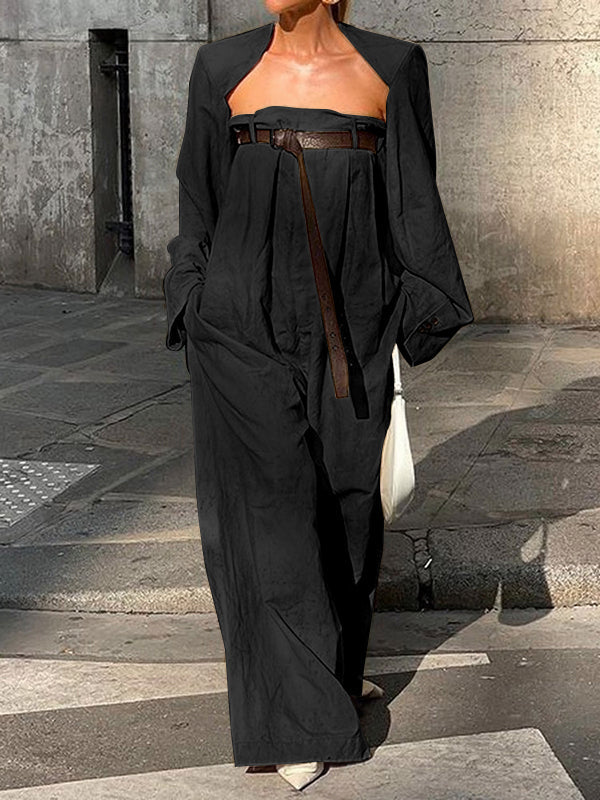 Ensemble deux pièces boutonné à manches longues, sans col, à jambes larges, avec ceinture – veste + haut + combinaison