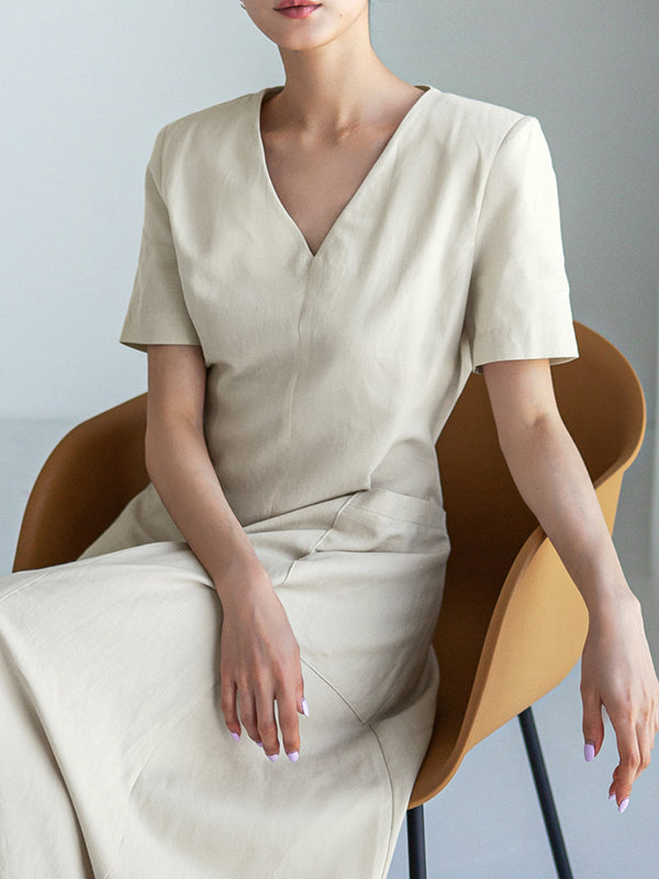Robe mi-longue simple décontractée plissée couleur unie