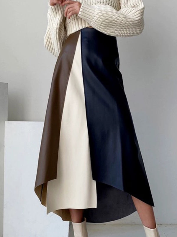 Jupe asymétrique fendue devant coupe trapèze, taille haute, couleur contrastée