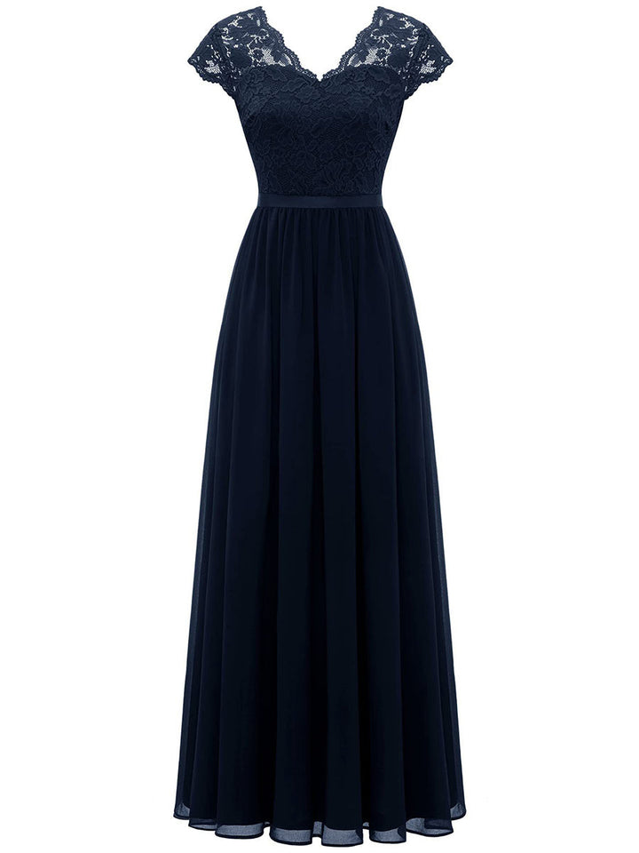 Robe longue plissée transparente coupe trapèze, taille haute, à empiècements, à col en V, couleur unie