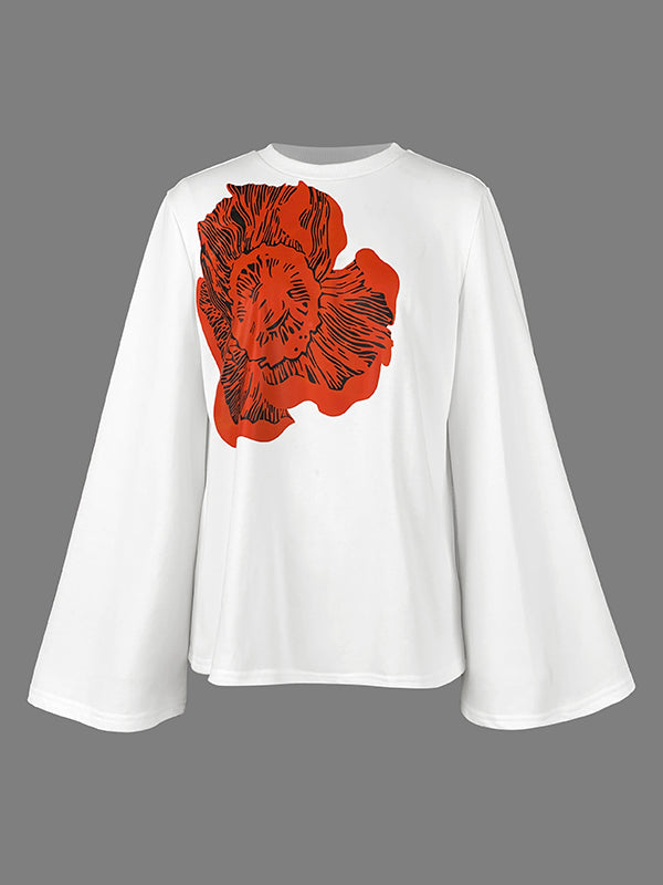 T-shirt à manches évasées, à manches longues, à imprimé floral, à col rond