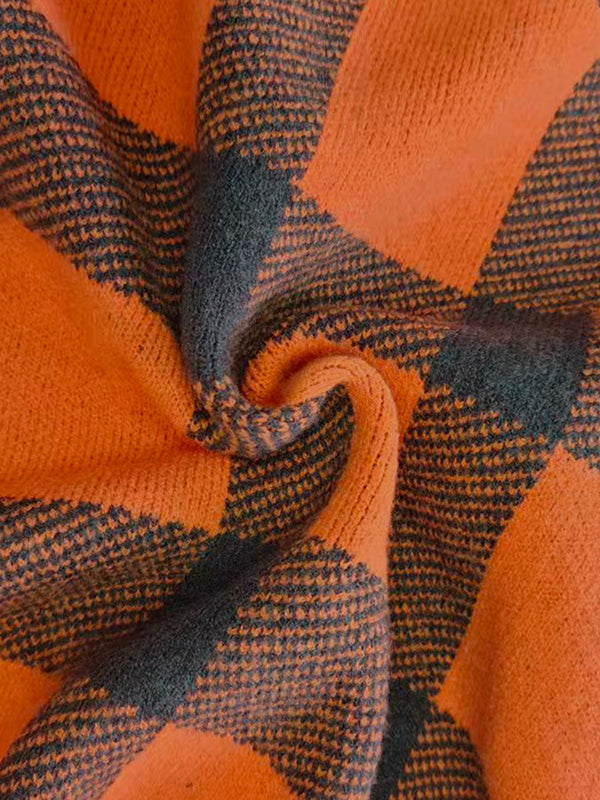 Pull à manches longues, à carreaux, à col cheminée, couleur contrastée