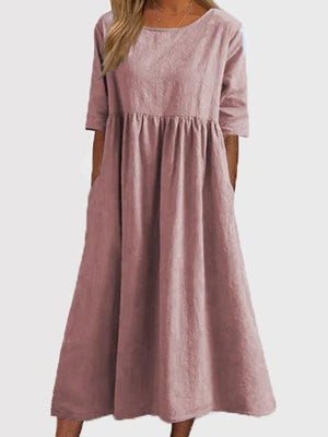 Robe mi-longue plissée coupe trapèze, à manches mi-longues, à poches, à col rond, couleur unie