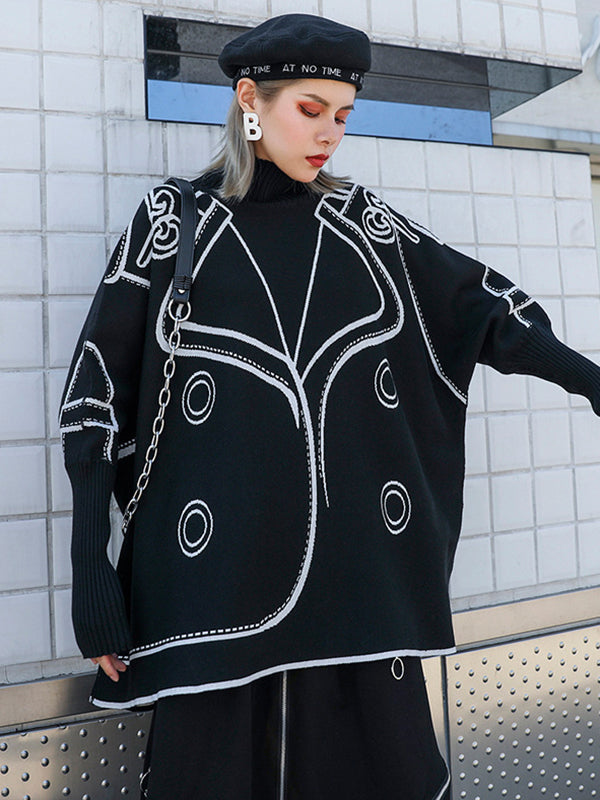 Pull décontracté ample à manches longues, en jacquard, à col haut, couleur contrastée