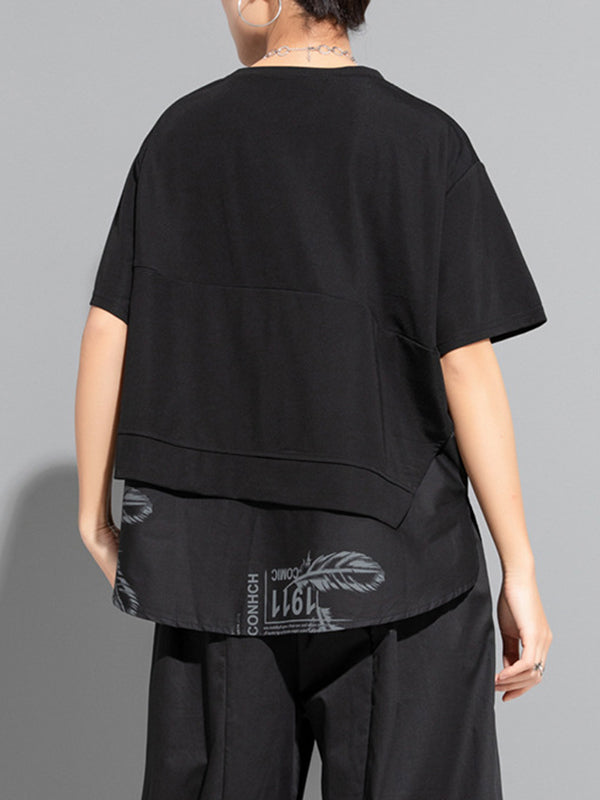 Faux deux t-shirts amples à col rond à empiècements et impression