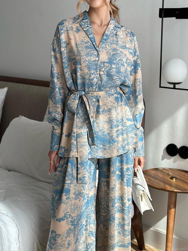 Ensemble deux pièces boutonné imprimé à manches longues, à taille nouée, à col cranté, taille haute – chemise + haut + pantalon