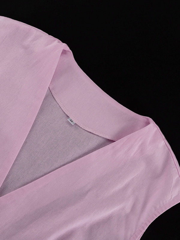 Ensemble deux pièces ample sans manches plissé à col en v + pantalon