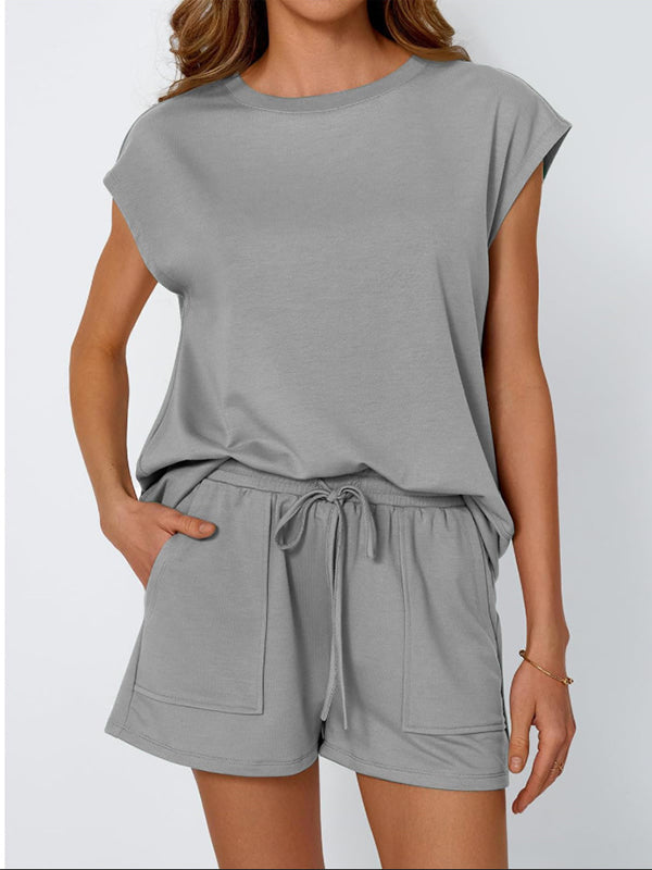 Ensemble deux pièces ample à manches raglan, à empiècements, à col rond, à cordon de serrage, à taille élastique, couleur unie – t-shirt + short