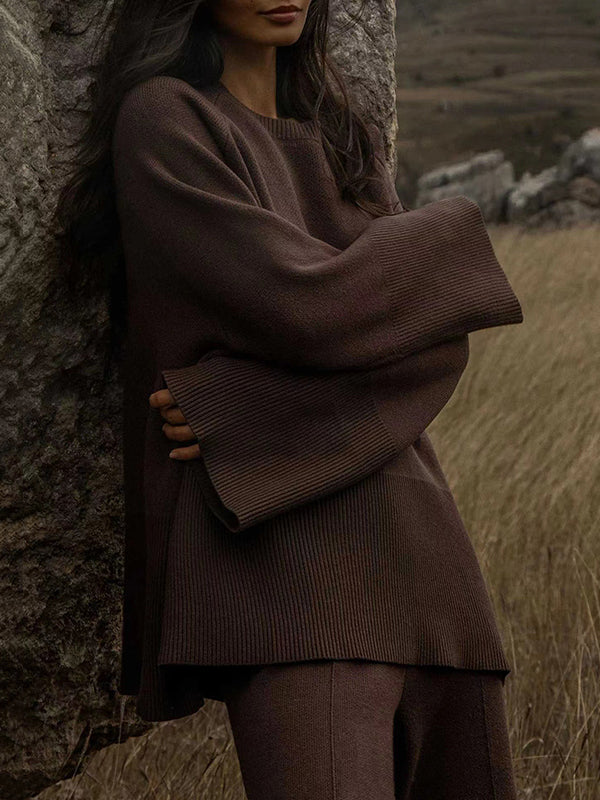 Ensemble deux pièces décontracté ample à manches longues, à col rond, à jambes larges, couleur unie – pull + pantalon
