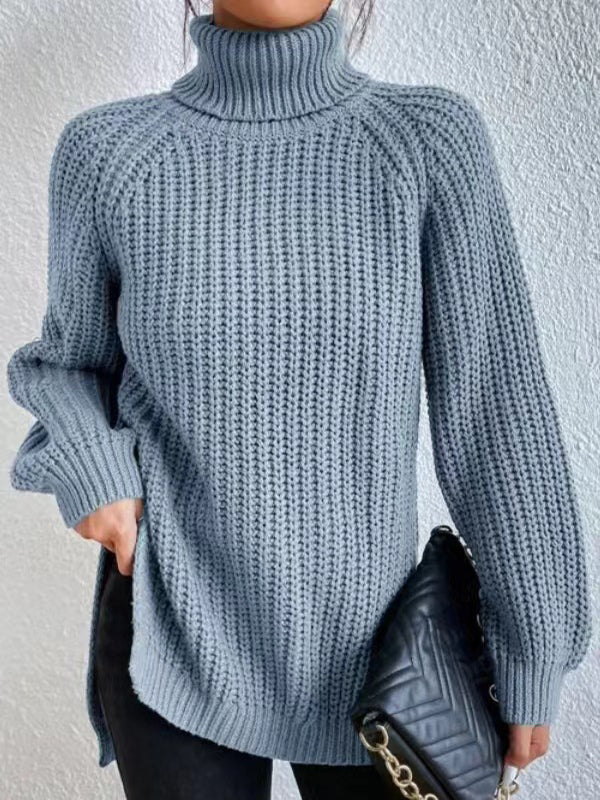 Pull ample fendu sur le côté à manches longues, à col haut, couleur unie