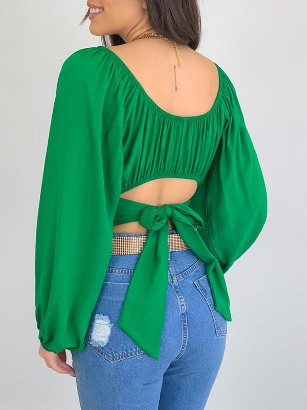 Chemisier ample plissé à manches longues, à taille élastique, à épaules dénudées, couleur unie