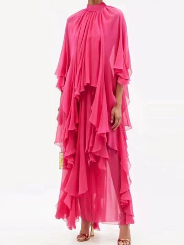 Robe longue ample à manches raglan, à volants étagés, à col montant, couleur unie