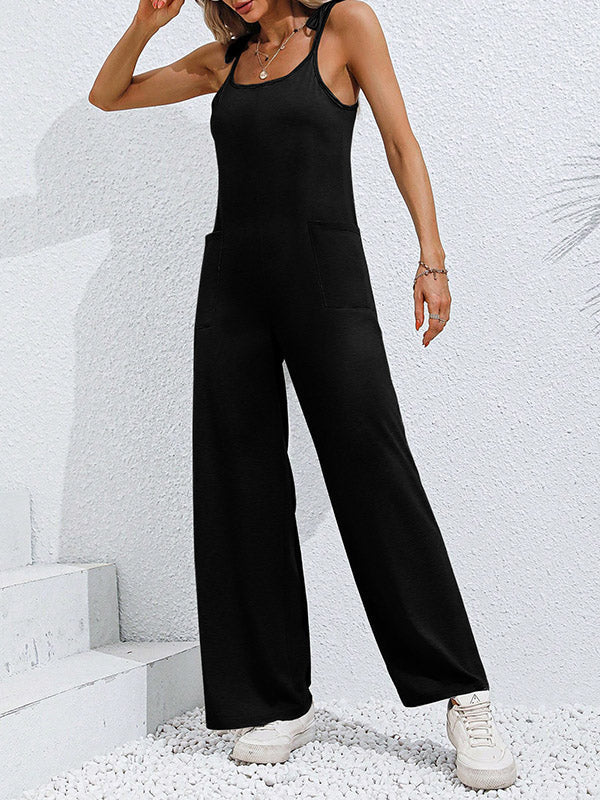 Combinaison nouée taille haute, sans manches, à poches, à fines bretelles, couleur unie