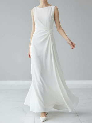 Robe de soirée longue plissée sans manches, en gaze, à empiècements, à col rond, couleur unie