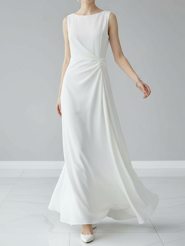 Robe de soirée longue plissée sans manches, en gaze, à empiècements, à col rond, couleur unie