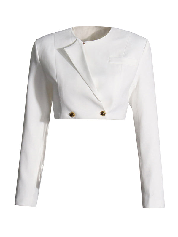 Blazer à manches longues boutonné, couleur unie, col rond, haut + fermeture éclair, jambe large, pantalon plissé en maille, bas, ensemble deux pièces