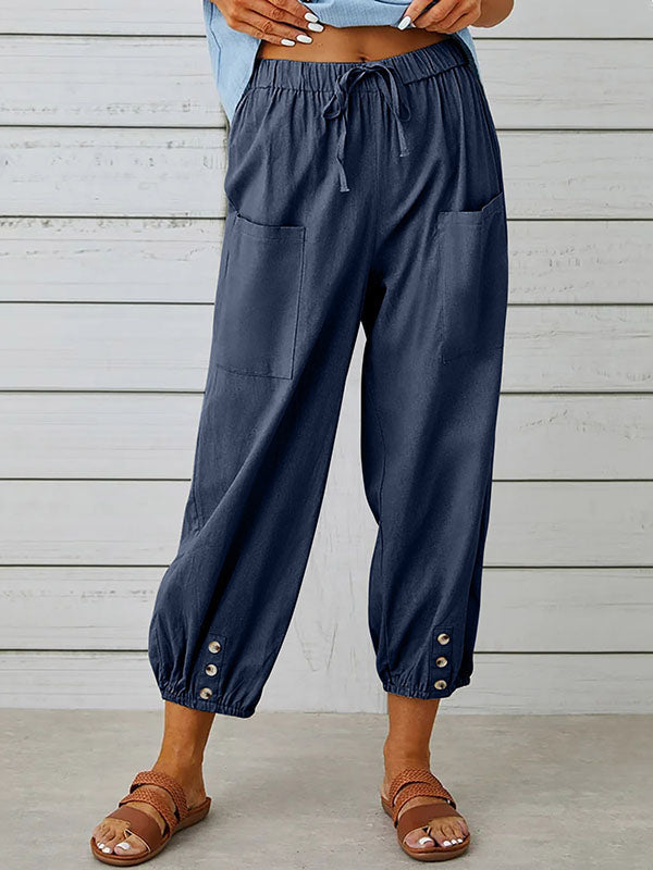 Pantalon ample boutonné taille haute, à cordon de serrage, à taille élastique, à poches, à empiècements