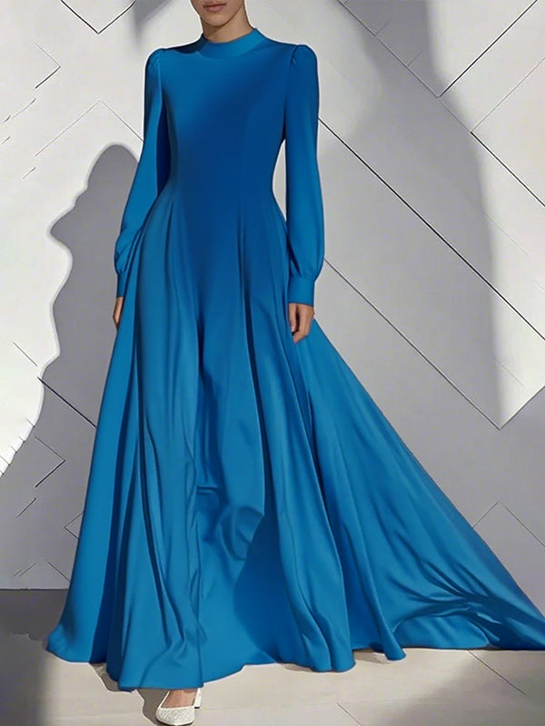 Robe longue plissée coupe trapèze, taille haute, à fermeture éclair, à col cheminée, couleur unie