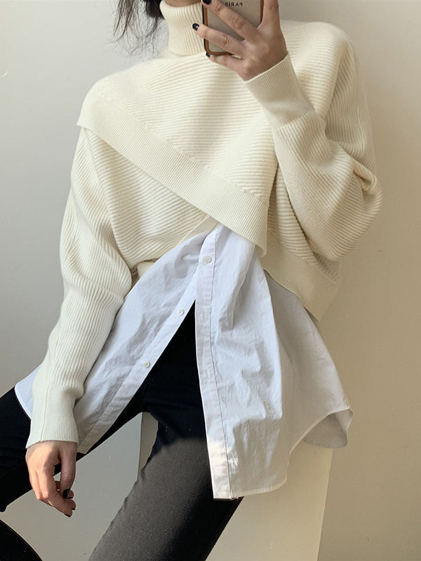 Pull asymétrique à manches longues, couleur unie, fendu sur le devant, col haut, pull en tricot