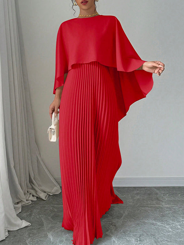 Robe de soirée longue plissée style cape, à ourlet plongeant, à empiècements, à col rond, couleur unie