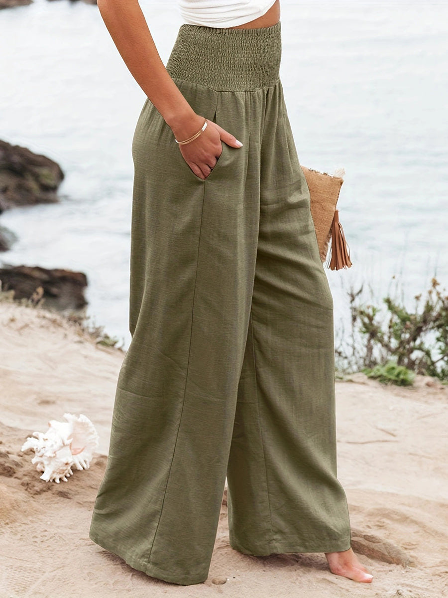 Pantalon plissé à taille élastique, taille haute, à poches, à empiècements, couleur unie