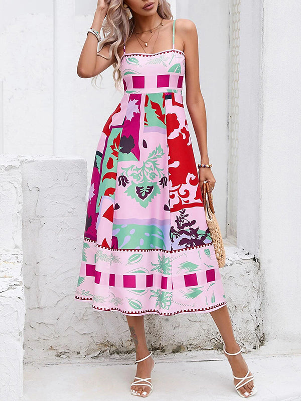 Robe mi-longue sans col, taille haute, plissée, imprimée, fendue, sans col