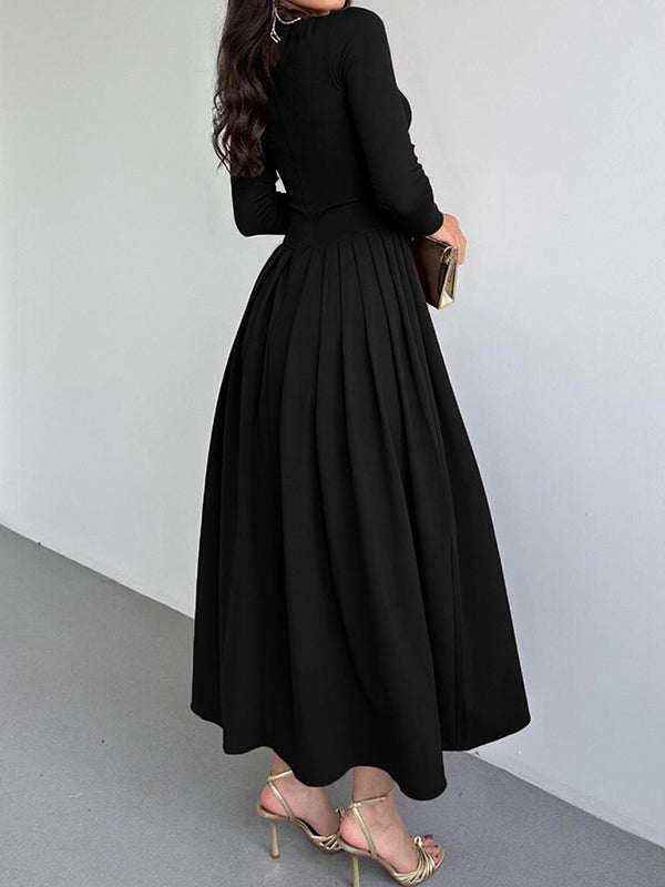 Robe longue moulante asymétrique plissée coupe trapèze, à empiècements, asymétrique à une épaule, couleur unie