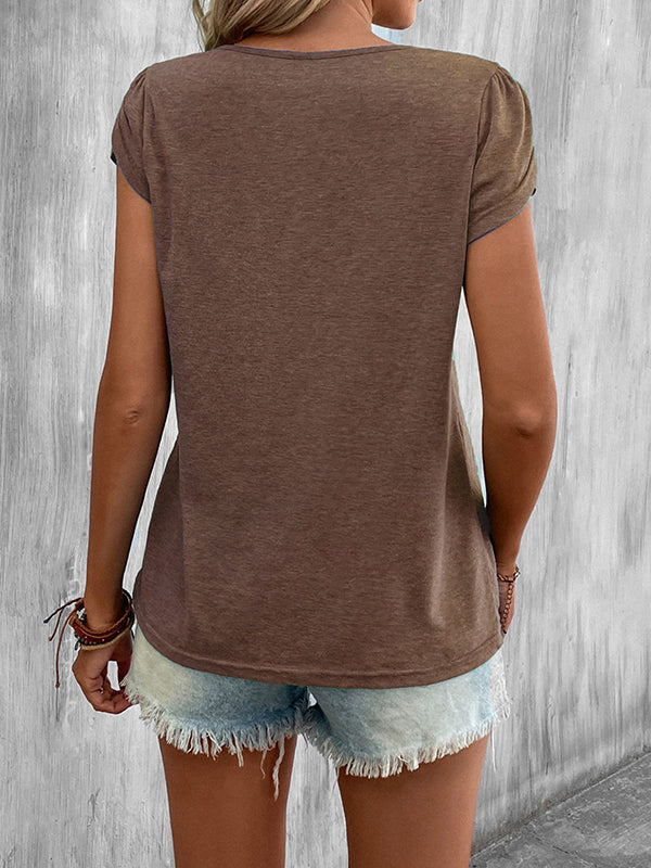 T-shirt ample à manches courtes, à col en V, couleur unie