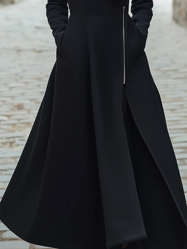 Manteau en laine boutonné coupe trapèze, à manches longues, à poches, à fermeture éclair, à col revers, couleur unie