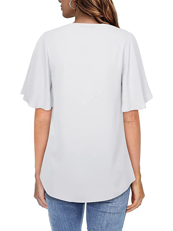 T-shirt en mousseline de soie de couleur unie urbaine ample Volants