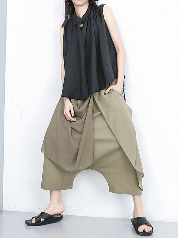 Pantalon 7/8 ample plissé couleur unie