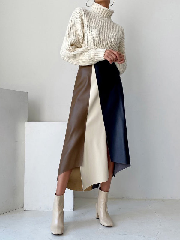 Jupe asymétrique fendue devant coupe trapèze, taille haute, couleur contrastée