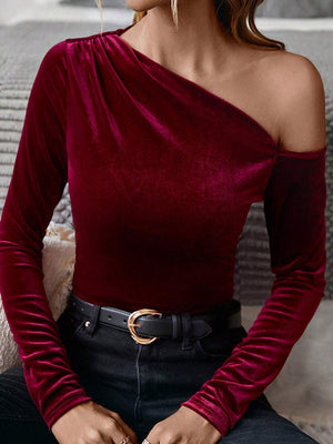 T-shirt asymétrique plissé à manches longues, coupe près du corps, en velours, asymétrique à une épaule, couleur unie