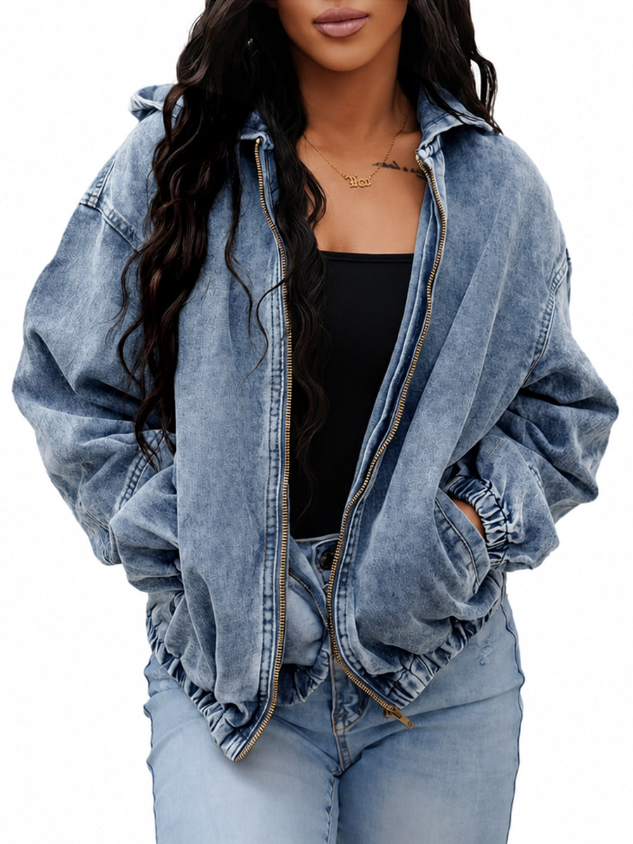 Veste ample à fermeture éclair, à poches, à taille élastique, à manches longues, à capuche, couleur unie