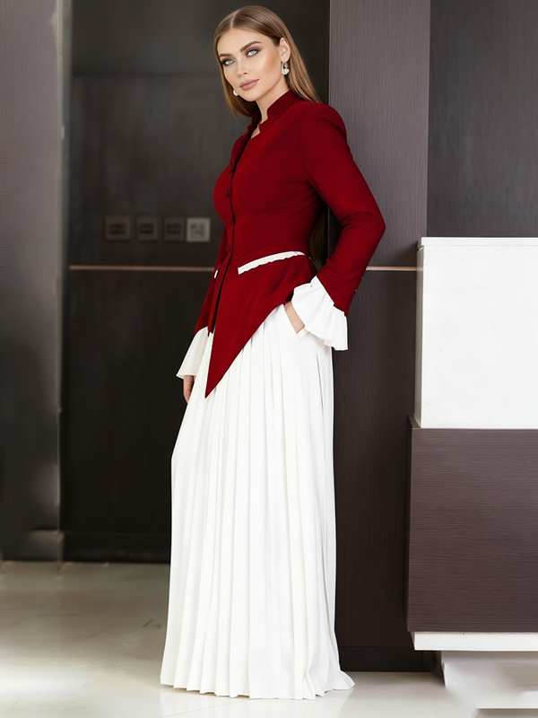 Chemisier asymétrique boutonné à taille élastique, à manches évasées, avec ceinture, à empiècements, à col montant, couleur contrastée
