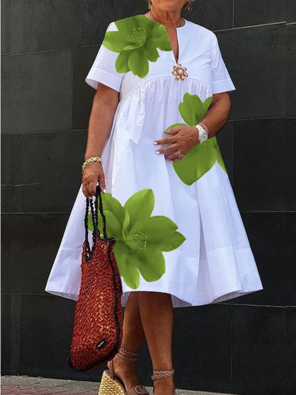 Robe mi-longue ample plissée coupe trapèze, à imprimé floral, à col en V