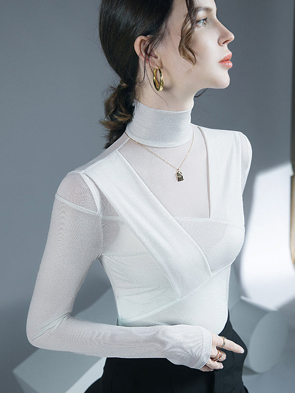 Blouses à manches longues, moulantes, asymétriques, en maille transparente brillante, fendues, à col roulé court