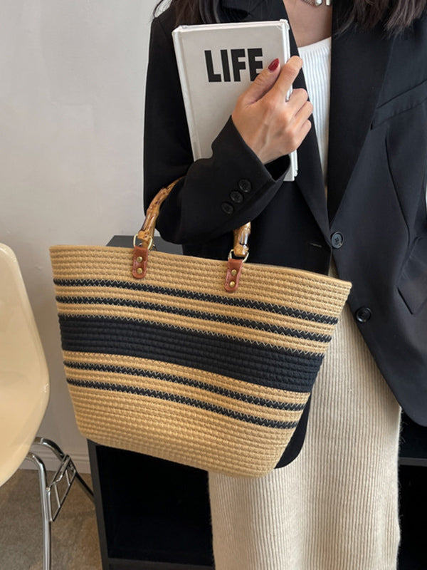 Sac à main rayé à empiècements, couleur contrastée