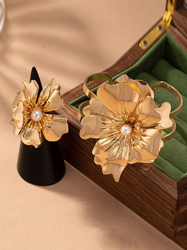 Bracelet Plissé Forme Fleur + Bagues Accessoires Deux Pièces