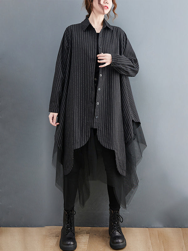 Robe ample rayée longue en gaze, à empiècements, à col revers