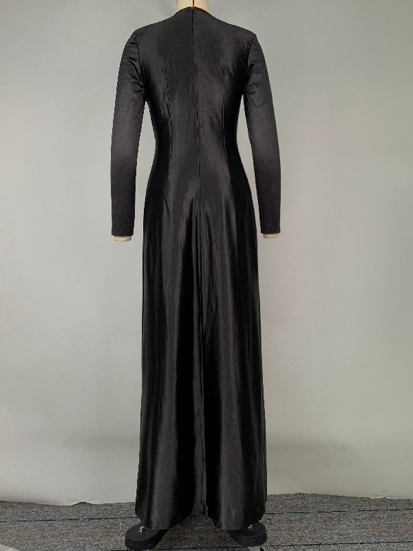 Robe longue moulante plissée fendue devant à manches longues, à taille nouée, à décolleté en V profond, couleur unie