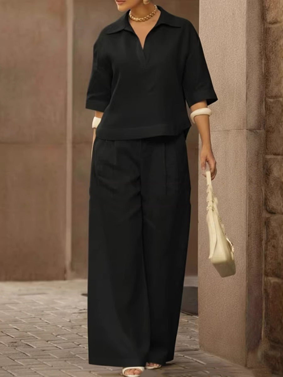 Ensemble deux pièces plissé à manches mi-longues, à col revers, taille haute, couleur unie – chemisier + pantalon