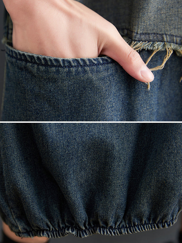 Robe mi-longue ample en jean, à col rond, à manches longues, couleur contrastée