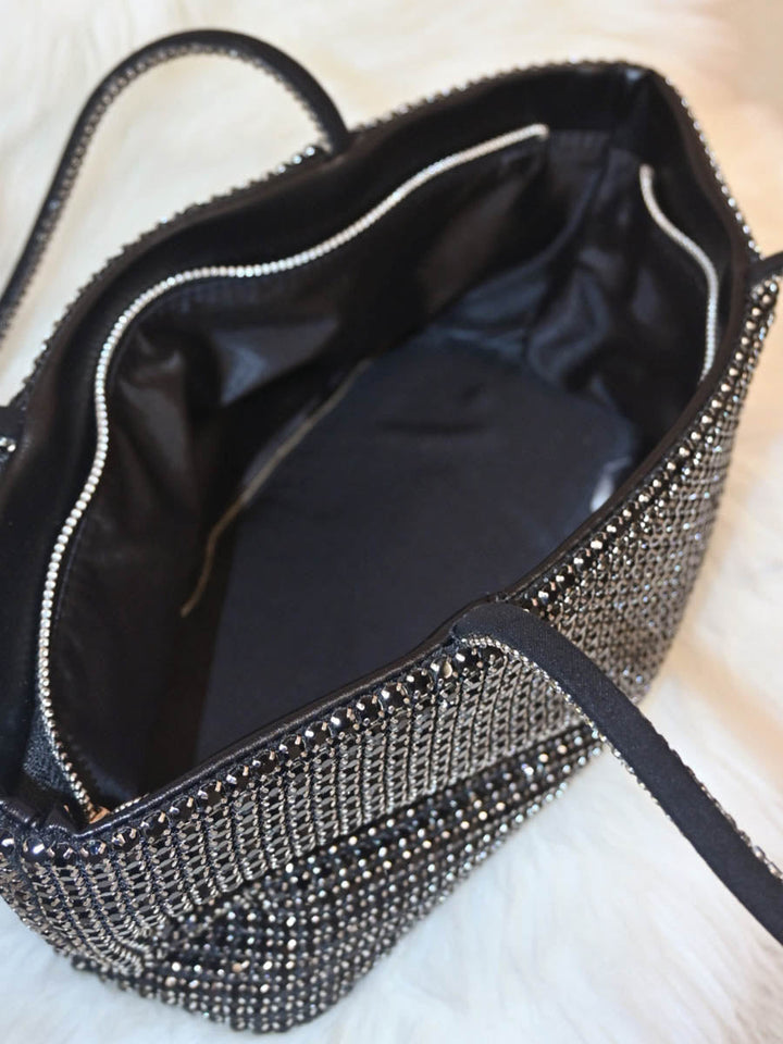 Sac besace à fermeture éclair, à strass, couleur unie