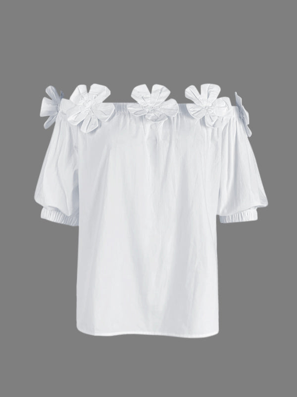 Blouse ample à épaules dénudées ornée de fleurs en 3D, couleur unie