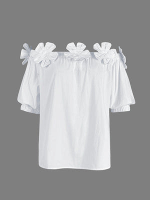 Blouse ample à épaules dénudées ornée de fleurs en 3D, couleur unie